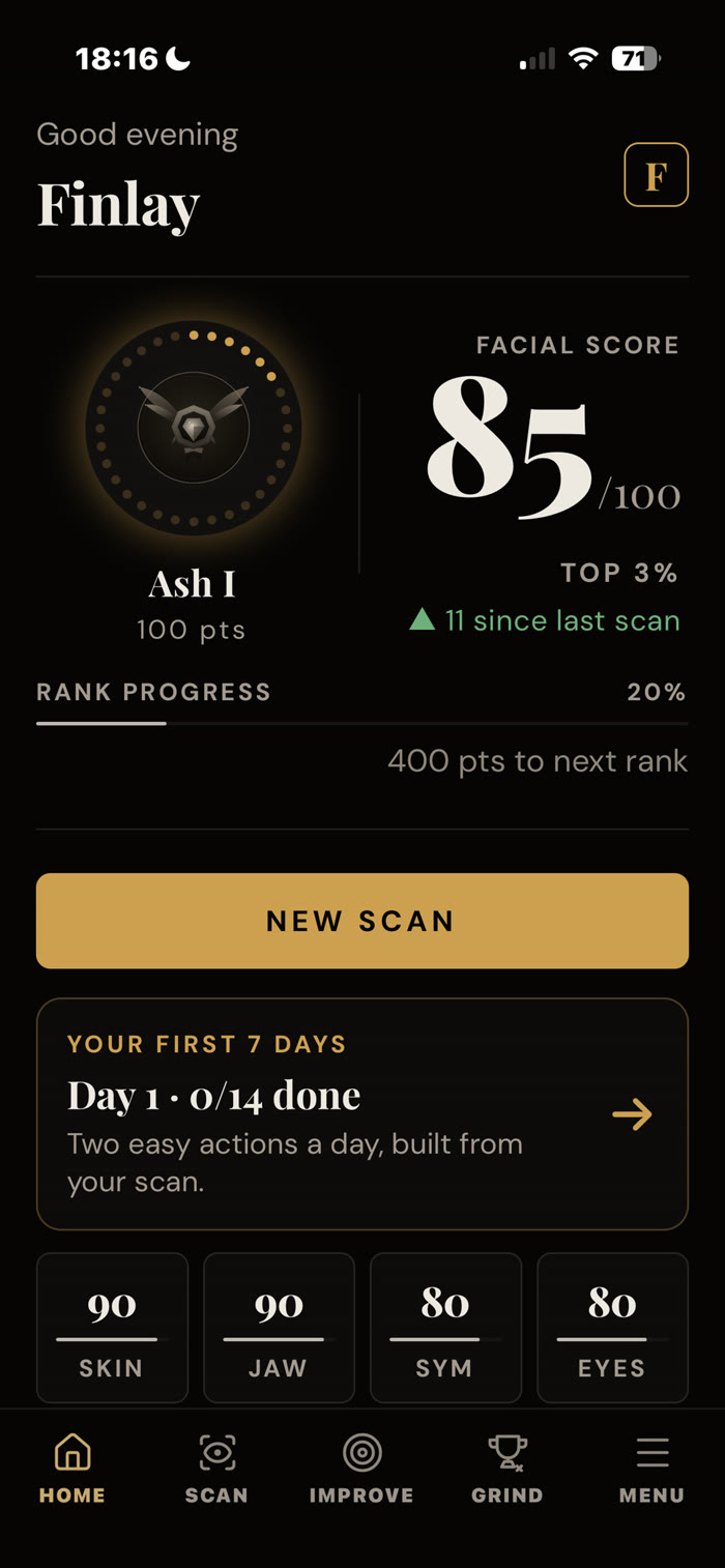 Forma home screen with your facial score, rank and daily plan