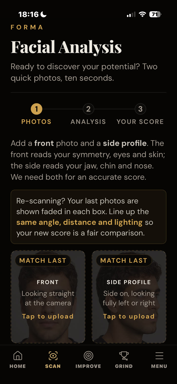 Forma scan screen, add a front photo and a side profile